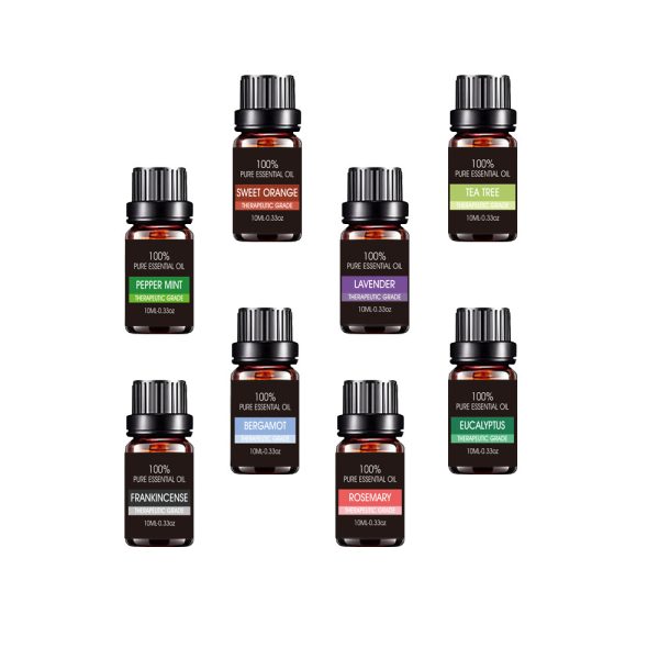 Organic essential oils set with six bottles on white background