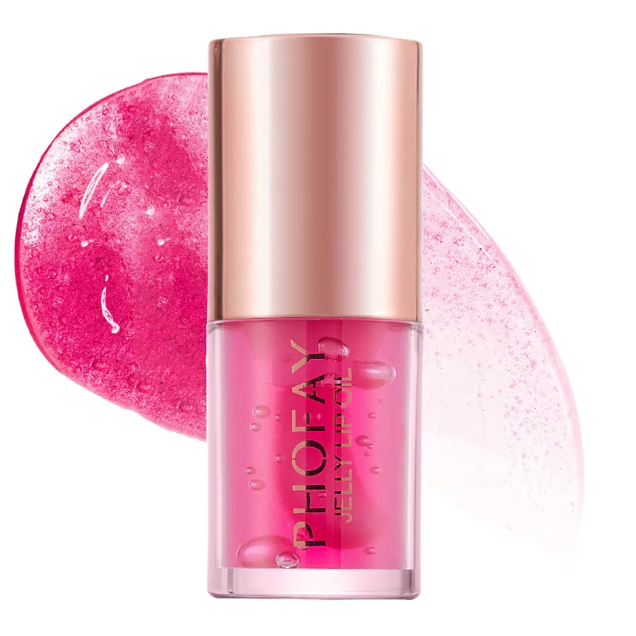 Close-up of PHOFAY lip oil applicator with glossy texture